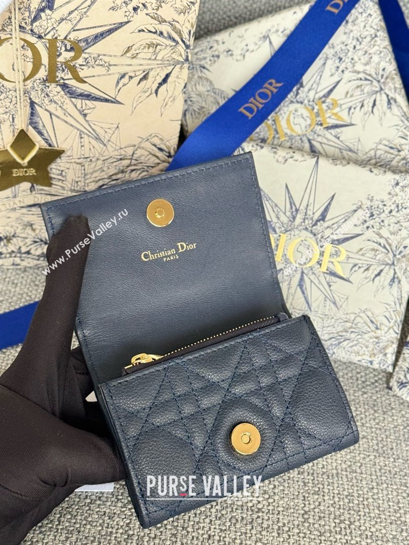 Dior Caro Glycine Wallet in navy blue Supple Cannage Calfskin/silver 2024 (xxg-240402-04)