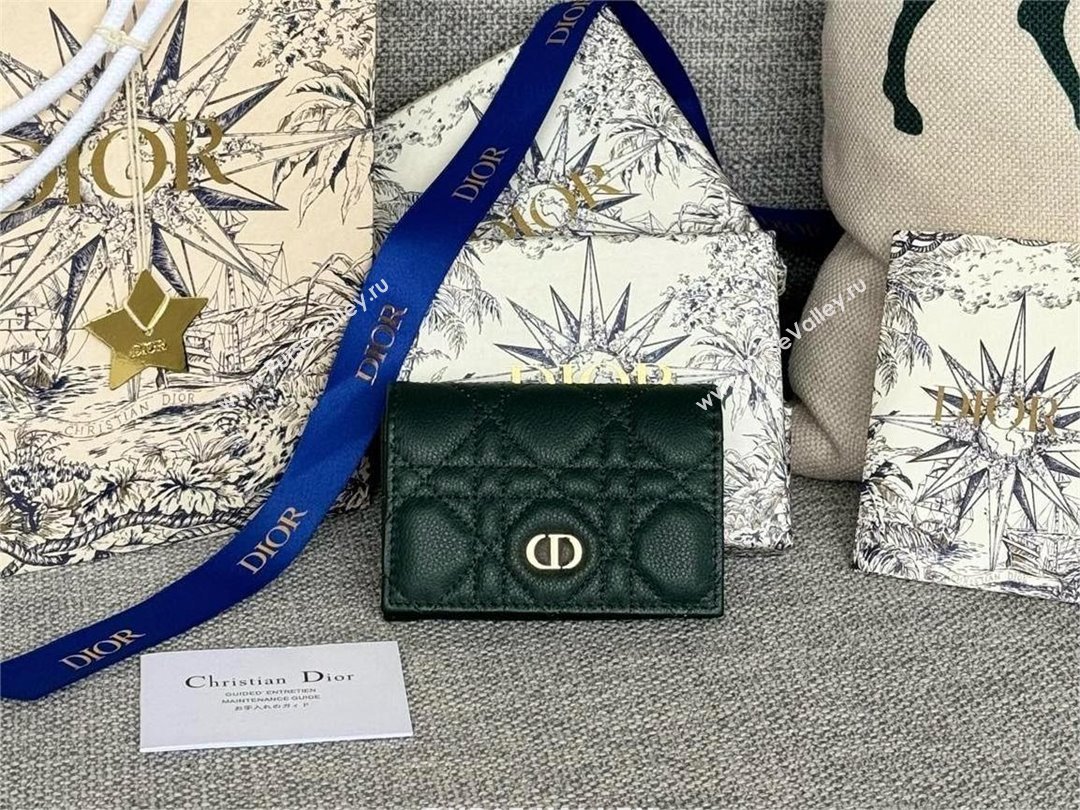 Dior Caro Glycine Wallet in dark green Supple Cannage Calfskin 2024 (xxg-240402-09)