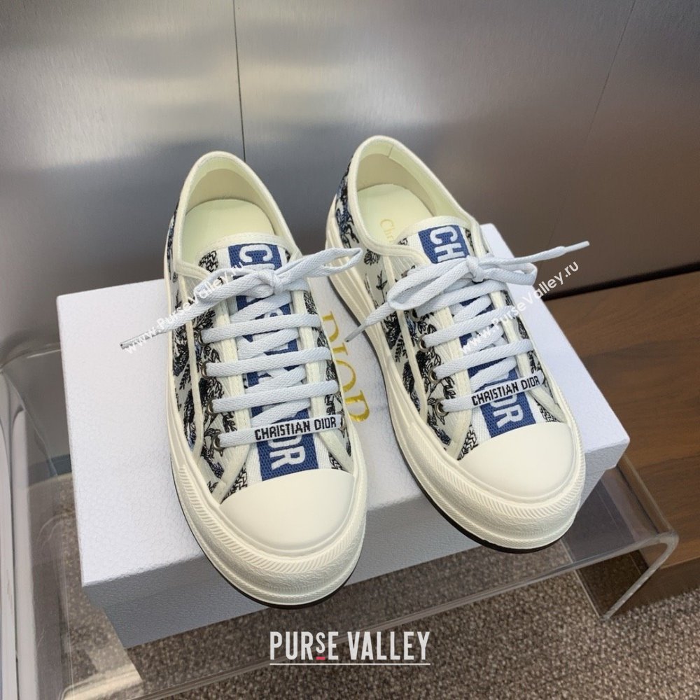 Dior WalknDior Platform Sneaker in White Cotton Embroidered with Blue Toile de Jouy Soleil Motif 2024 (modeng-240425-08)