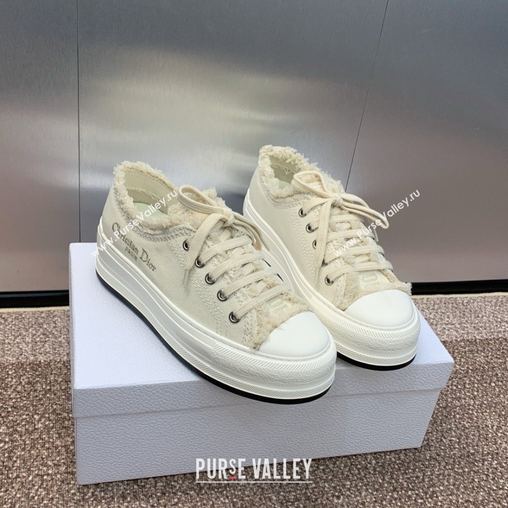 Dior Ecru Fringed Cotton Canvas with Embroideries WalknDior Platform Sneaker 2024 (modeng-240425-02)