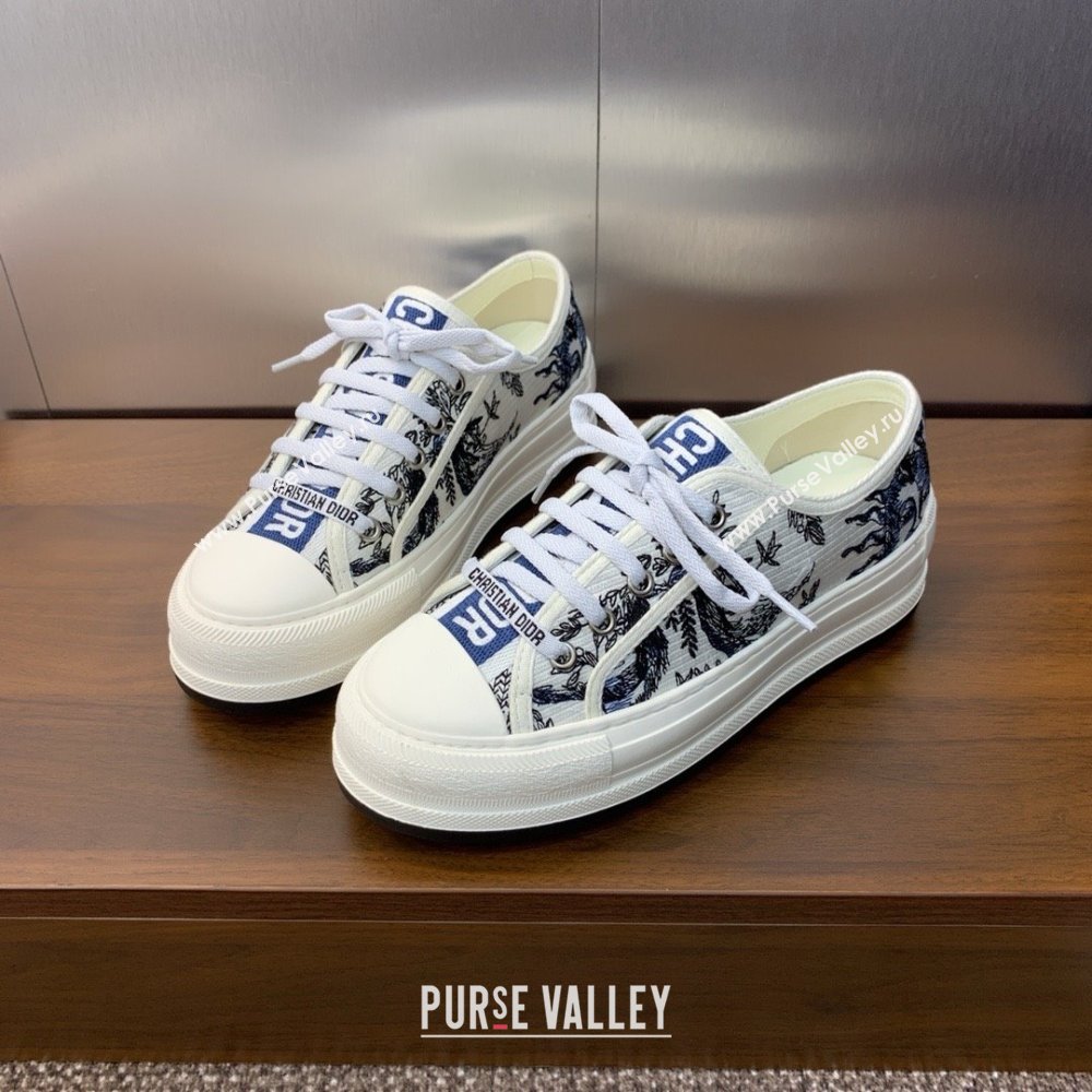 Dior WalknDior Platform Sneaker in White Cotton Embroidered with Blue Toile de Jouy Soleil Motif 2024 (modeng-240425-08)