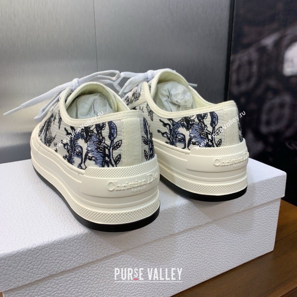 Dior WalknDior Platform Sneaker in White Cotton Embroidered with Blue Toile de Jouy Soleil Motif 2024 (modeng-240425-08)