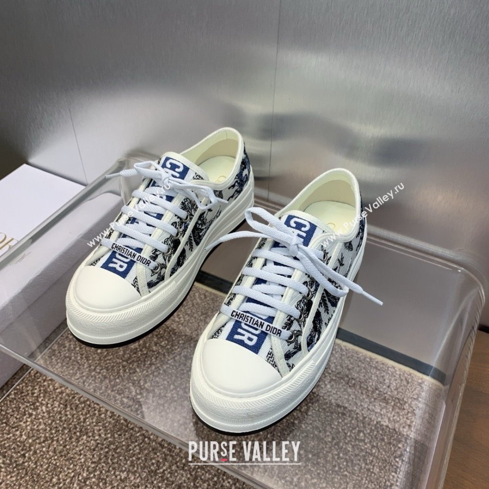 Dior WalknDior Platform Sneaker in White Cotton Embroidered with Blue Toile de Jouy Soleil Motif 2024 (modeng-240425-08)