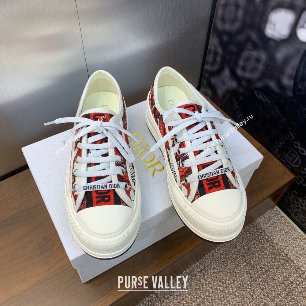Dior WalknDior Platform Sneaker in White and Red Embroidered Cotton with Le Cœur des Papillons Motif 2024 (modeng-240425-09)
