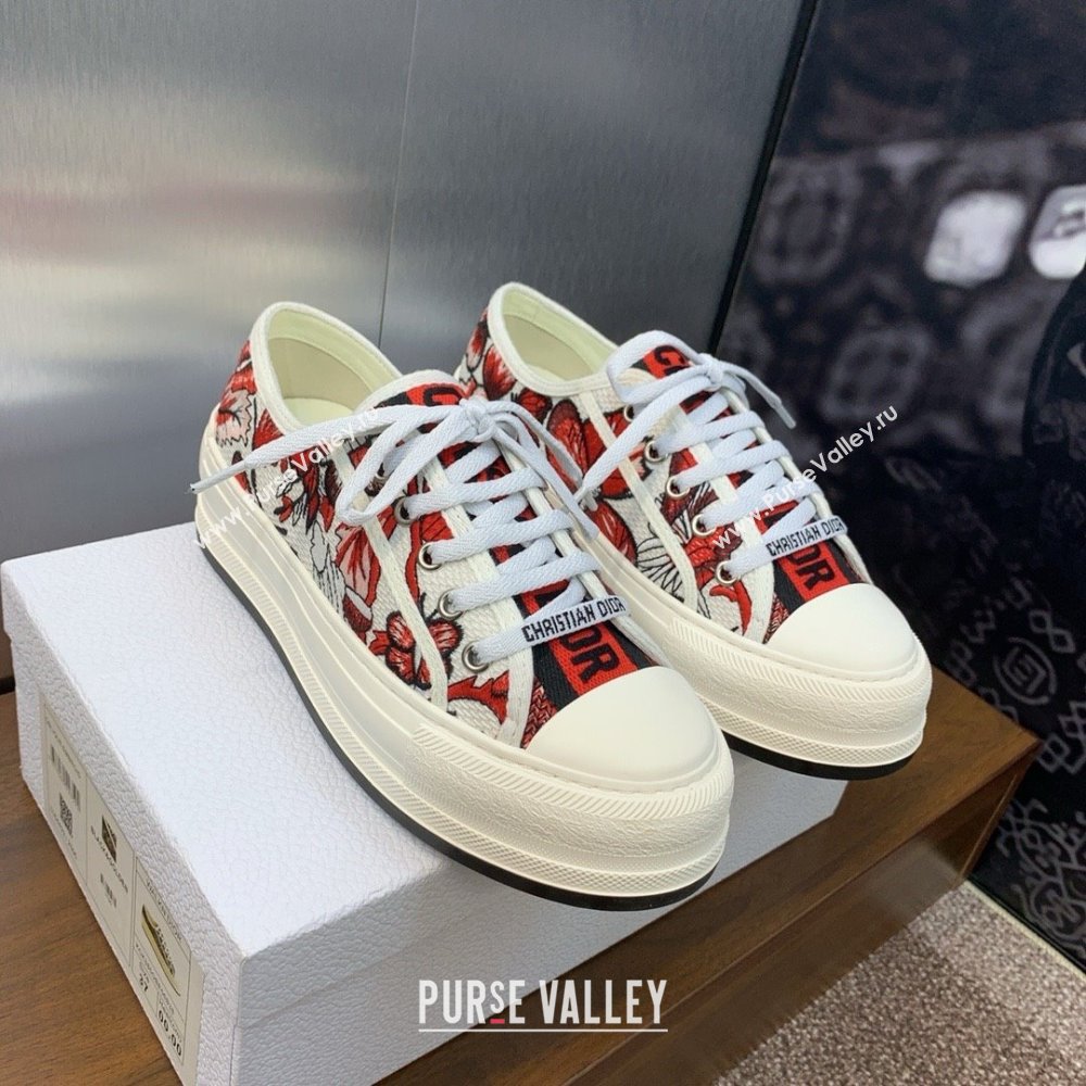 Dior WalknDior Platform Sneaker in White and Red Embroidered Cotton with Le Cœur des Papillons Motif 2024 (modeng-240425-09)