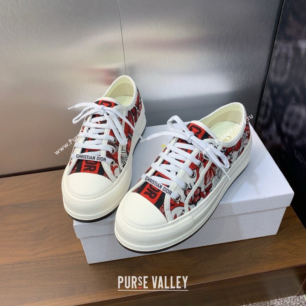 Dior WalknDior Platform Sneaker in White and Red Embroidered Cotton with Le Cœur des Papillons Motif 2024 (modeng-240425-09)