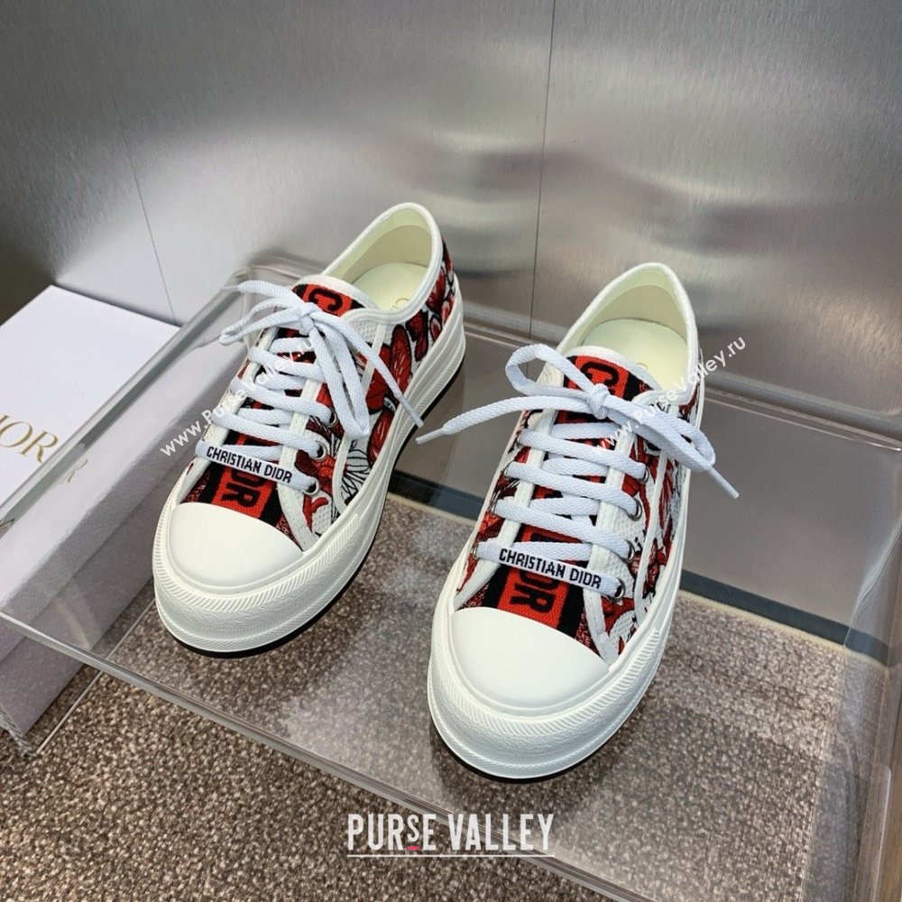 Dior WalknDior Platform Sneaker in White and Red Embroidered Cotton with Le Cœur des Papillons Motif 2024 (modeng-240425-09)