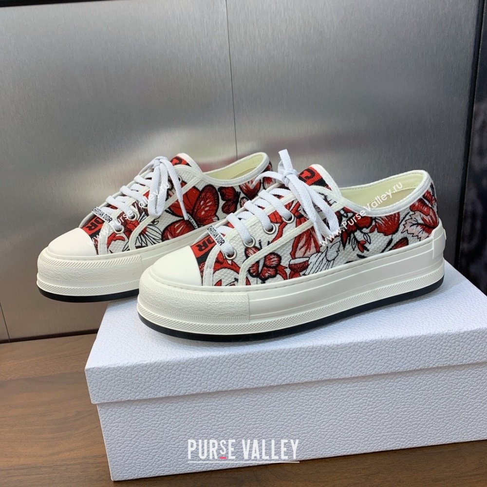 Dior WalknDior Platform Sneaker in White and Red Embroidered Cotton with Le Cœur des Papillons Motif 2024 (modeng-240425-09)