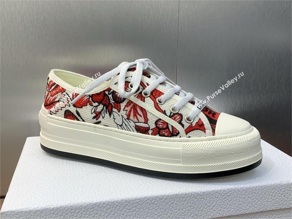 Dior WalknDior Platform Sneaker in White and Red Embroidered Cotton with Le Cœur des Papillons Motif 2024 (modeng-240425-09)