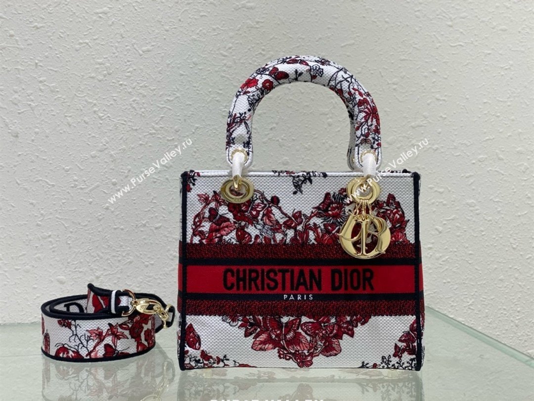 dior Medium Lady D-Lite Bag in White and Red Le Cœur des Papillons Embroidery 2024 (xxg-240402-15)