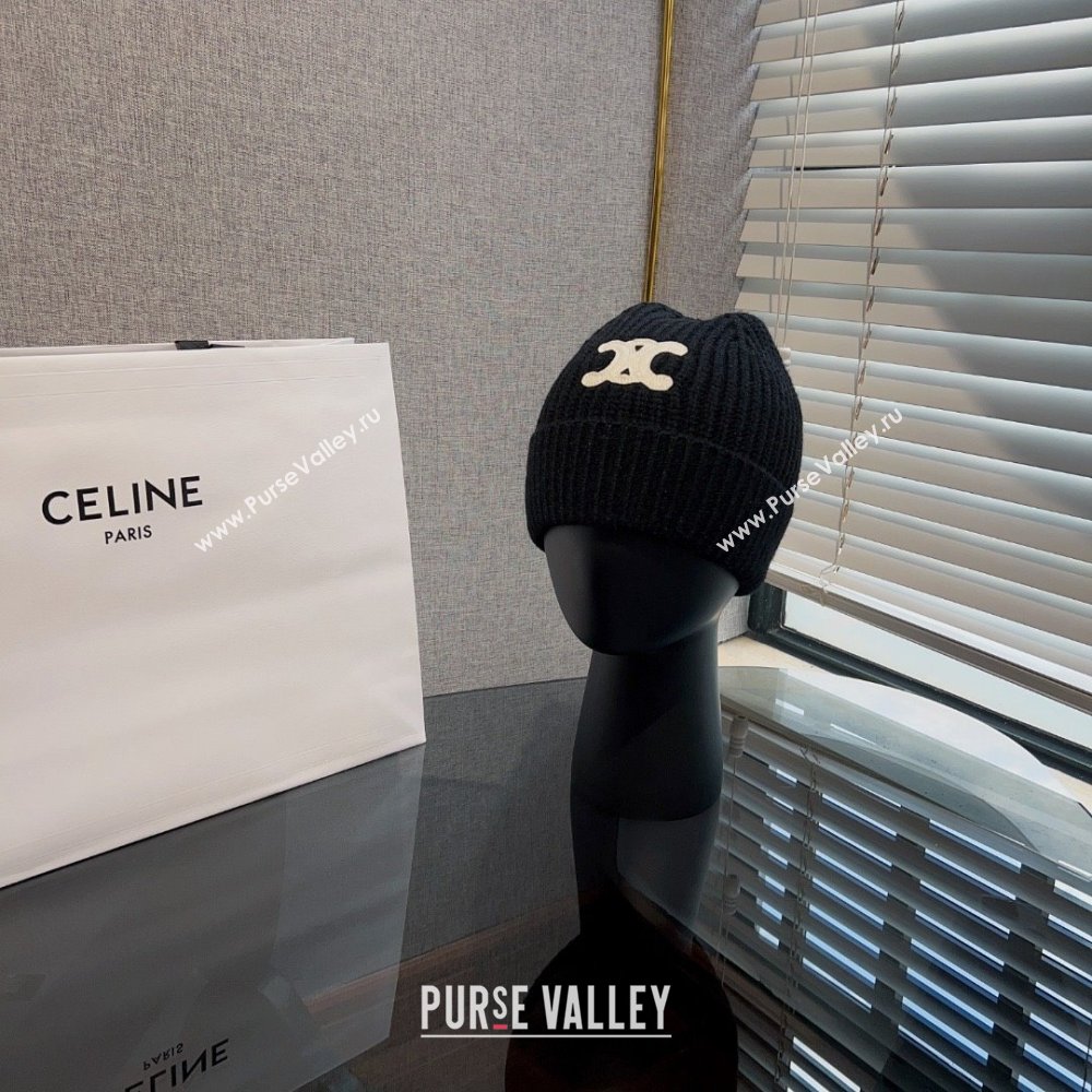 CELINE TRIOMPHE BEANIE IN SEAMLESS CASHMERE Black 2023 (MAO-231229-01)