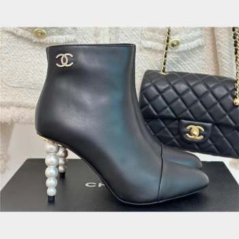 CHANEL pearl heel logo boots black 2023 (clf-231016-05)