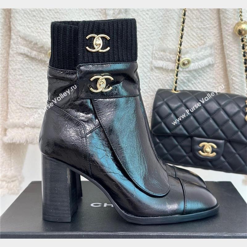 CHANEL heel 8cm black knit boots 2023 (clf-231016-06)