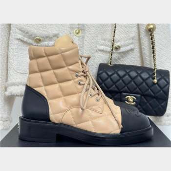 CHANEL leather quilted lace up tie ankle boots apricot 2023 (clf-231016-11)
