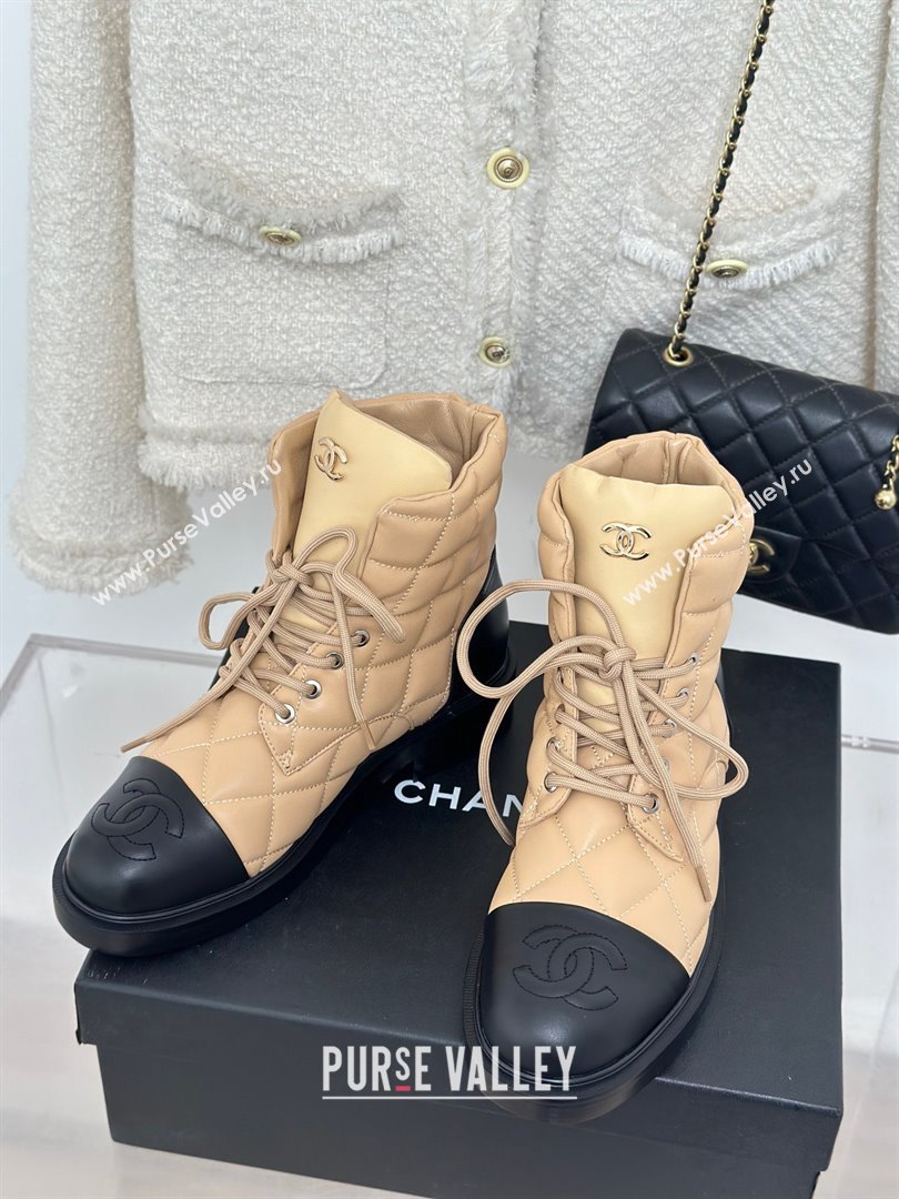 CHANEL leather quilted lace up tie ankle boots apricot 2023 (clf-231016-11)