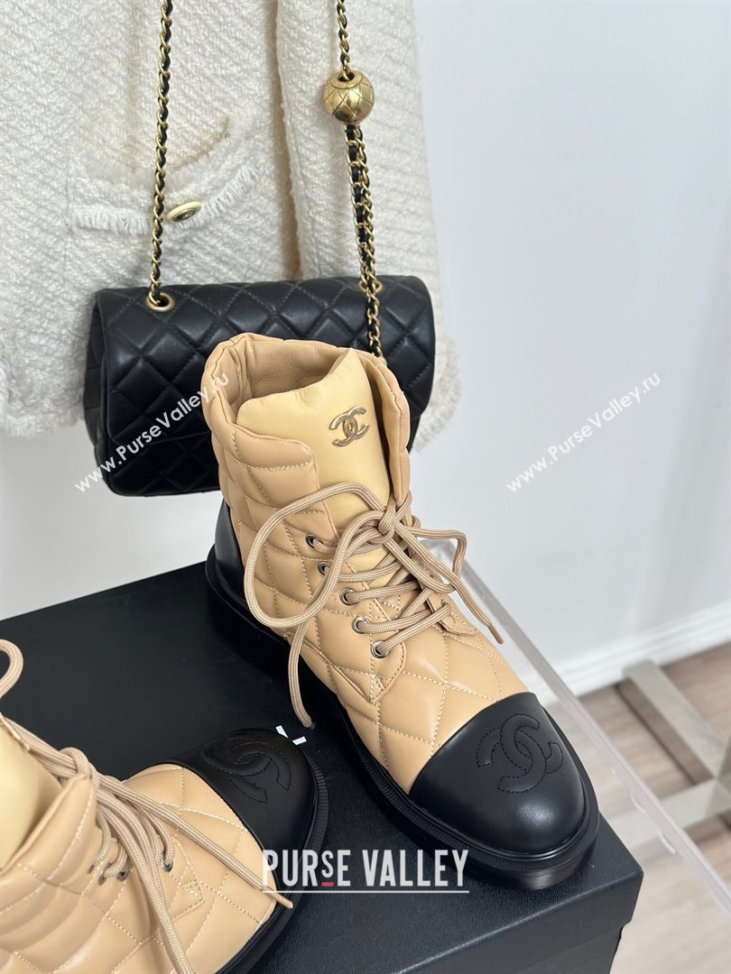 CHANEL leather quilted lace up tie ankle boots apricot 2023 (clf-231016-11)