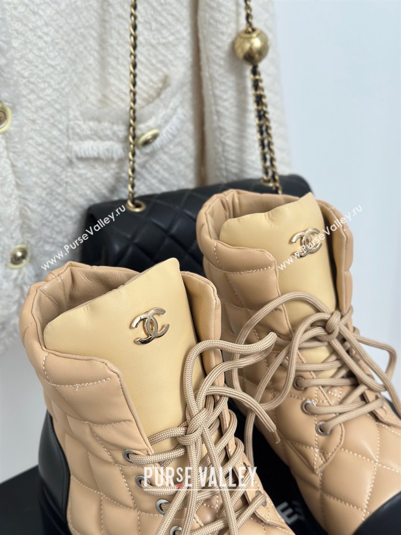 CHANEL leather quilted lace up tie ankle boots apricot 2023 (clf-231016-11)