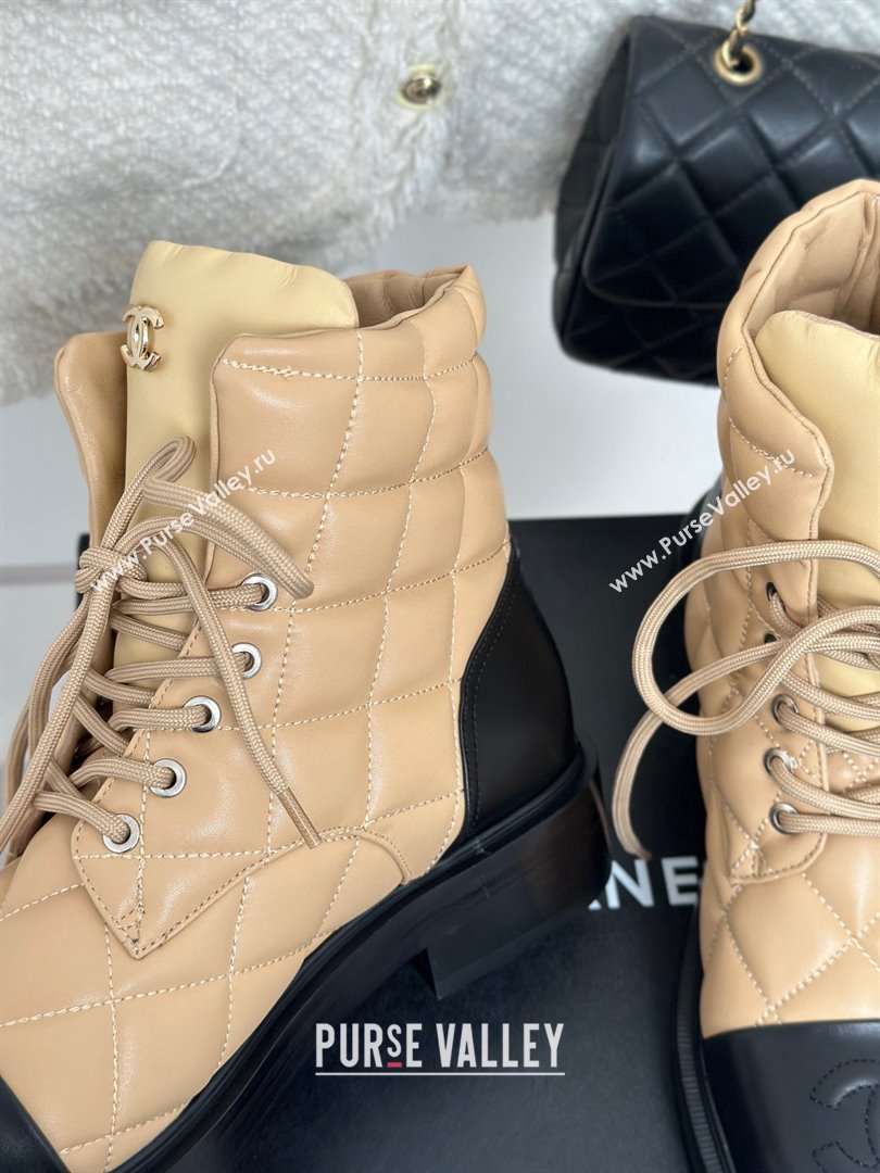 CHANEL leather quilted lace up tie ankle boots apricot 2023 (clf-231016-11)