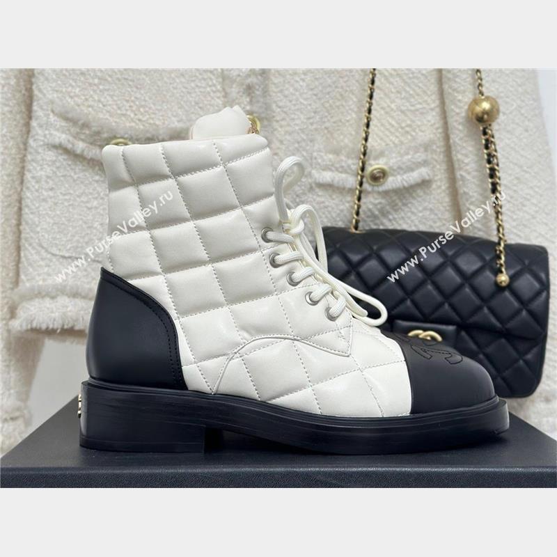 CHANEL leather quilted lace up tie ankle boots white 2023 (clf-231016-12)