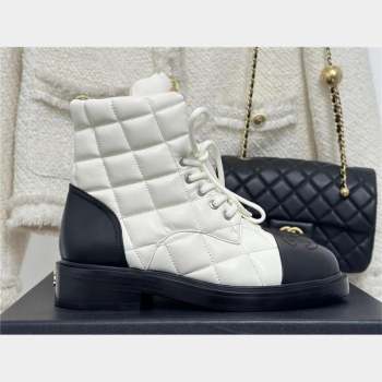 CHANEL leather quilted lace up tie ankle boots white 2023 (clf-231016-12)