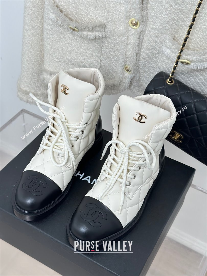 CHANEL leather quilted lace up tie ankle boots white 2023 (clf-231016-12)