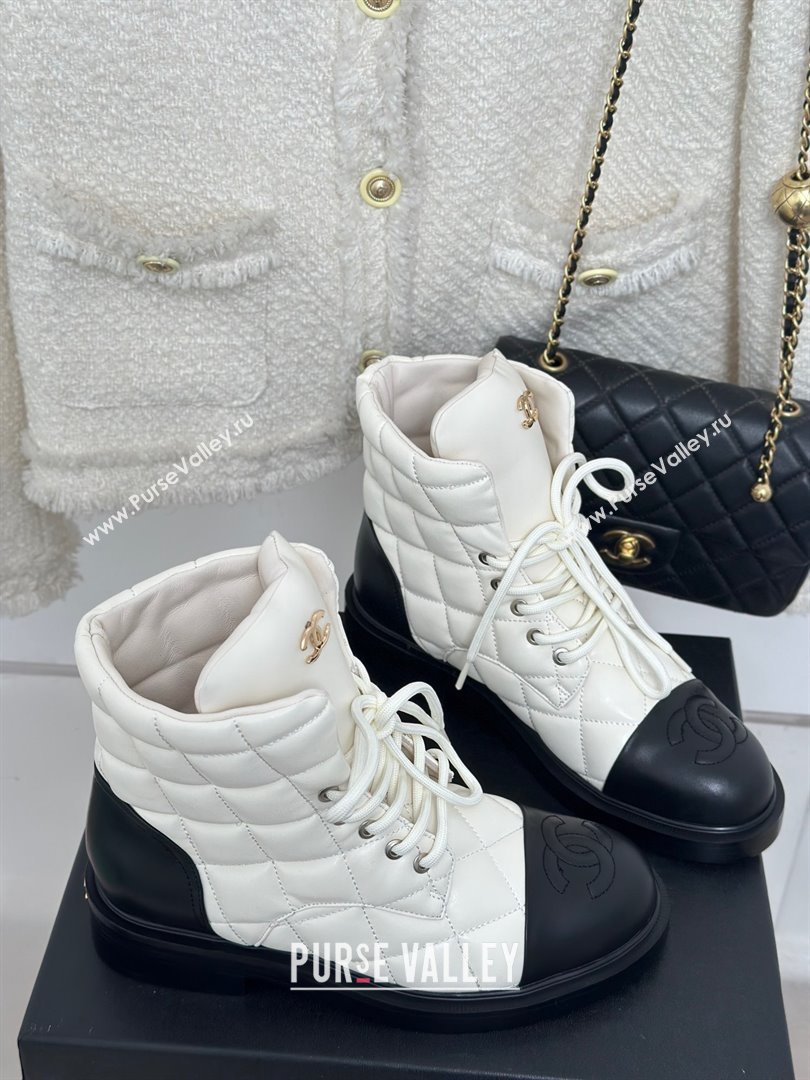CHANEL leather quilted lace up tie ankle boots white 2023 (clf-231016-12)