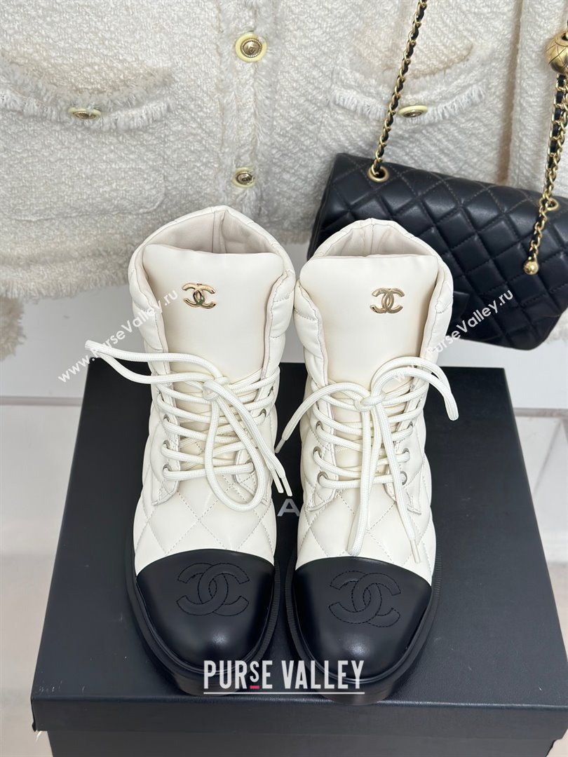 CHANEL leather quilted lace up tie ankle boots white 2023 (clf-231016-12)