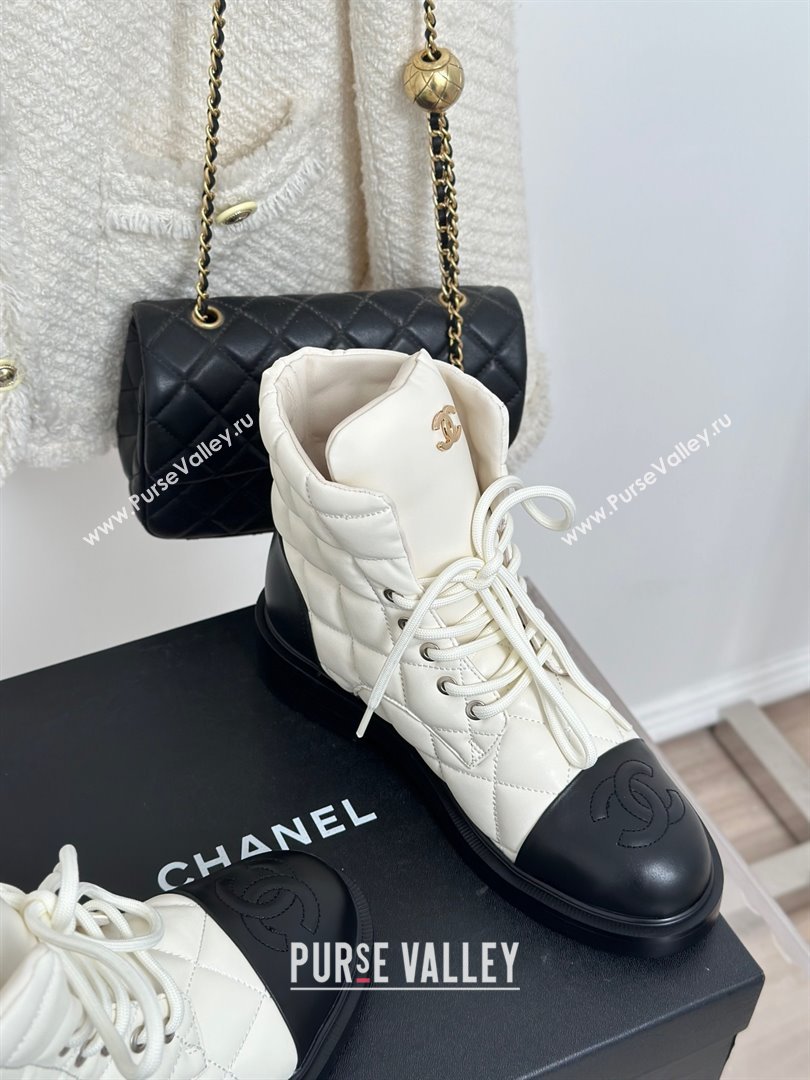 CHANEL leather quilted lace up tie ankle boots white 2023 (clf-231016-12)