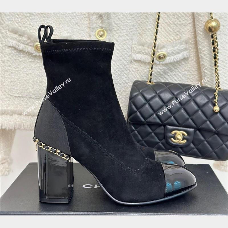 CHANEL heel 8.5cm suede leather boots with chain black 2023 (clf-231016-20)
