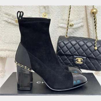 CHANEL heel 8.5cm suede leather boots with chain black 2023 (clf-231016-20)