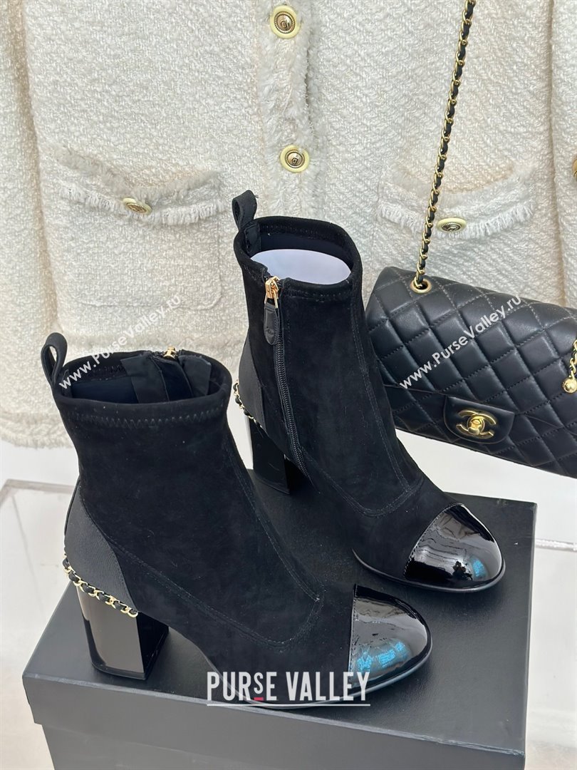 CHANEL heel 8.5cm suede leather boots with chain black 2023 (clf-231016-20)