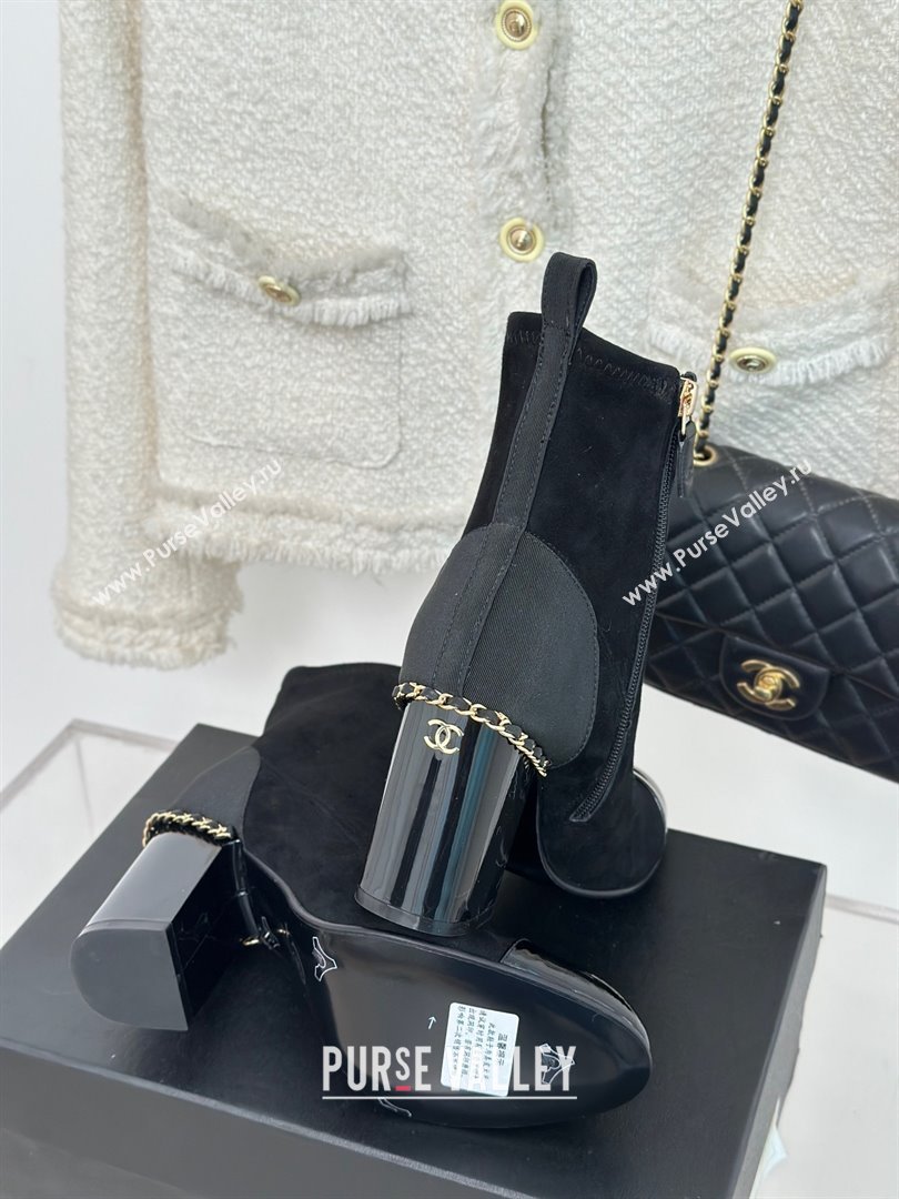CHANEL heel 8.5cm suede leather boots with chain black 2023 (clf-231016-20)