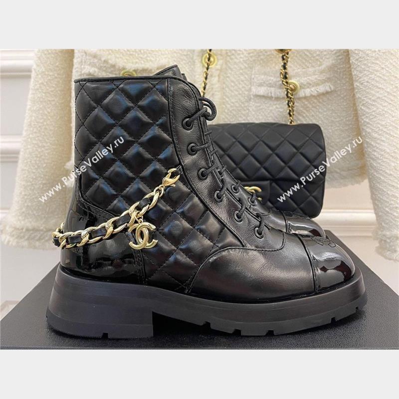 Chanel quilted Chain Lace-Ups ankle boots black 2023 (clf-231016-22)