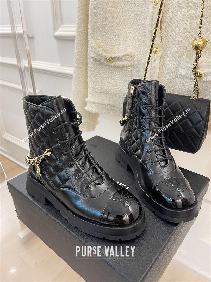 Chanel quilted Chain Lace-Ups ankle boots black 2023 (clf-231016-22)