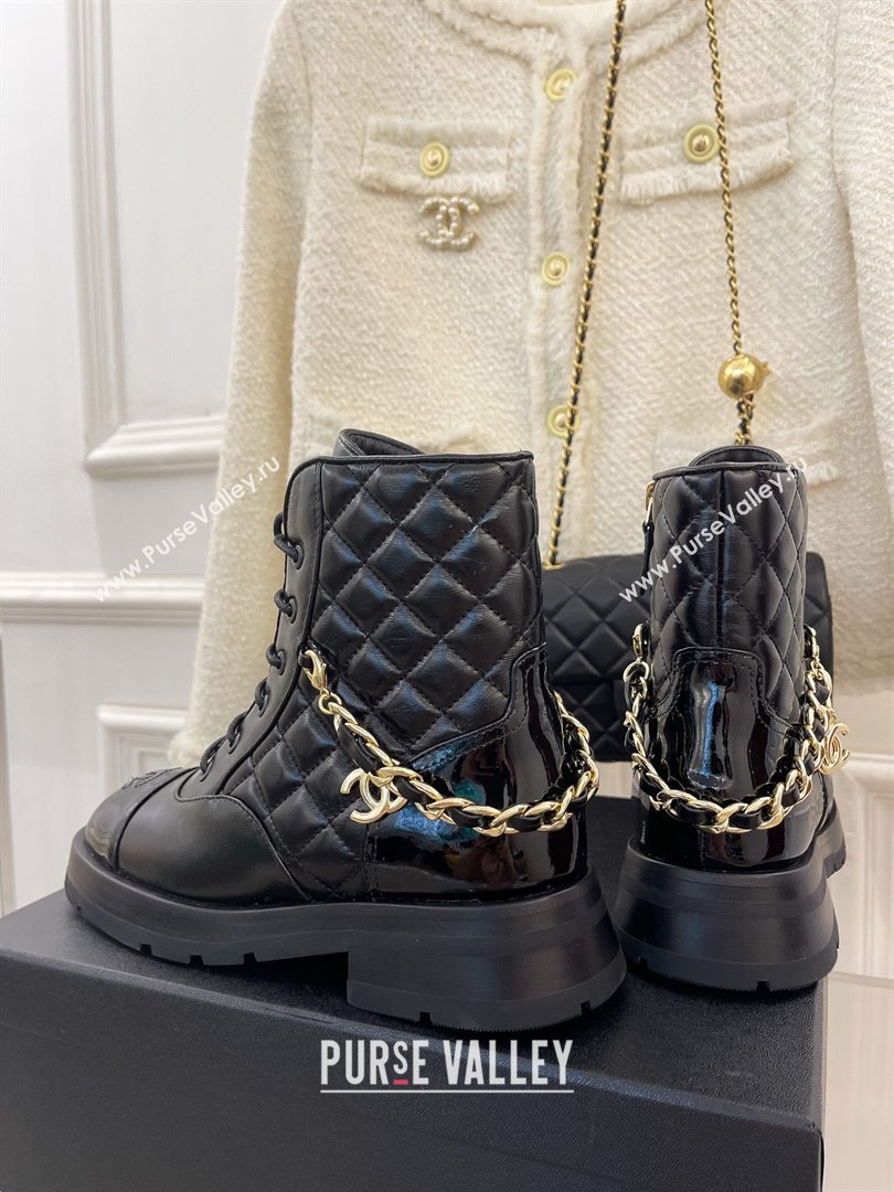 Chanel quilted Chain Lace-Ups ankle boots black 2023 (clf-231016-22)
