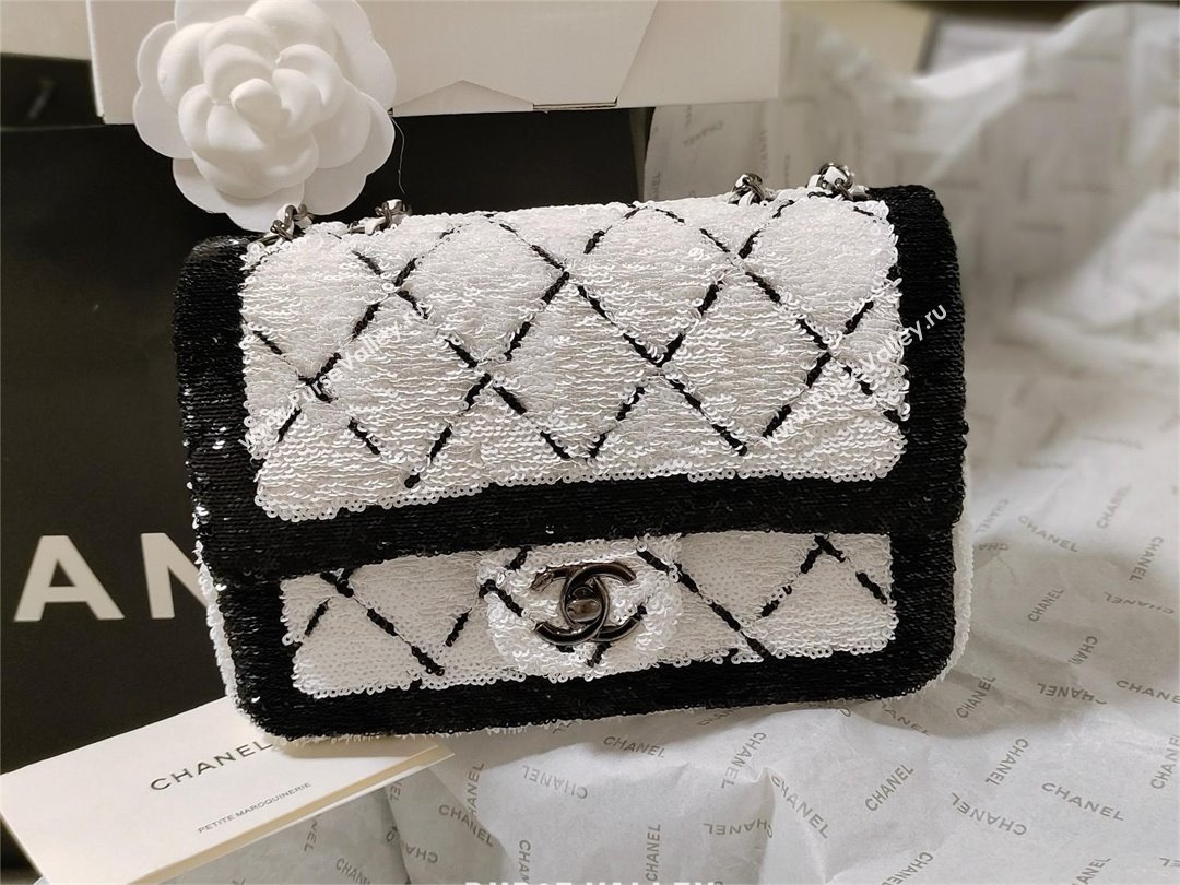 CHANEL Sequins Black Metal Small Flap Bag WHITE/BLACK AS4561 2024 (JIYUAN-240403-03)