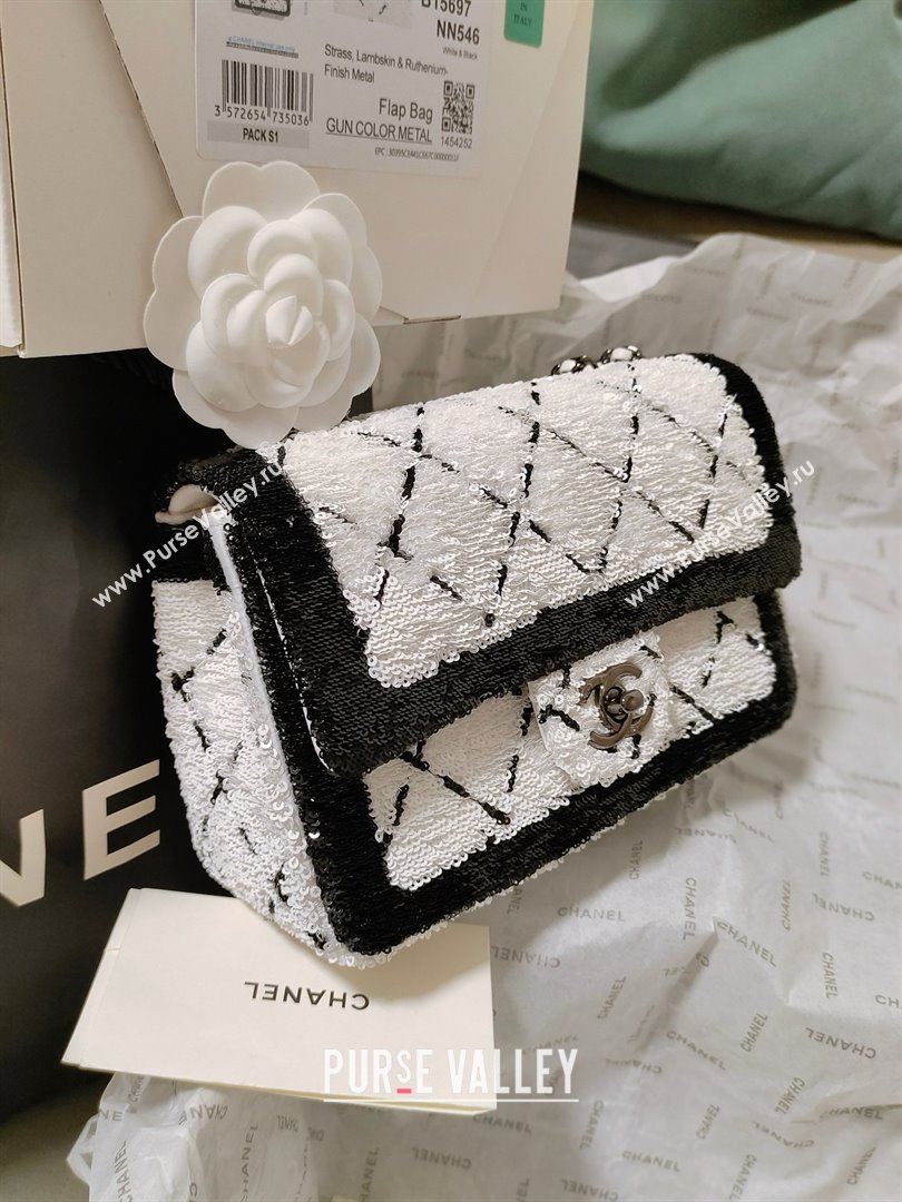 CHANEL Sequins Black Metal Small Flap Bag WHITE/BLACK AS4561 2024 (JIYUAN-240403-03)