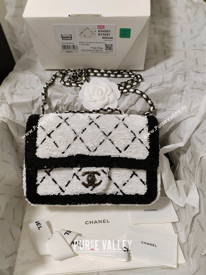 CHANEL Sequins Black Metal Small Flap Bag WHITE/BLACK AS4561 2024 (JIYUAN-240403-03)