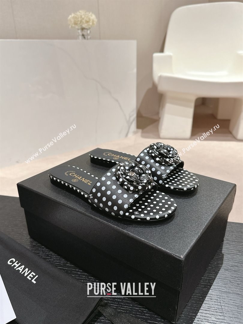 Chanel dots leather mules with Camellia black 2024 (modeng-240426-04)