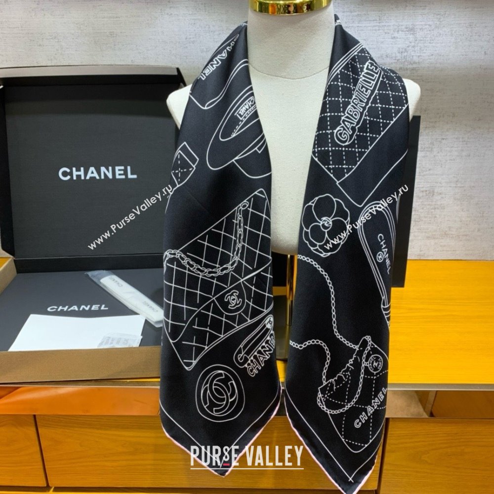 Chanel Silk Twill Black Light Pink square scarf AA9820 2024 (weinisi-240426-03)