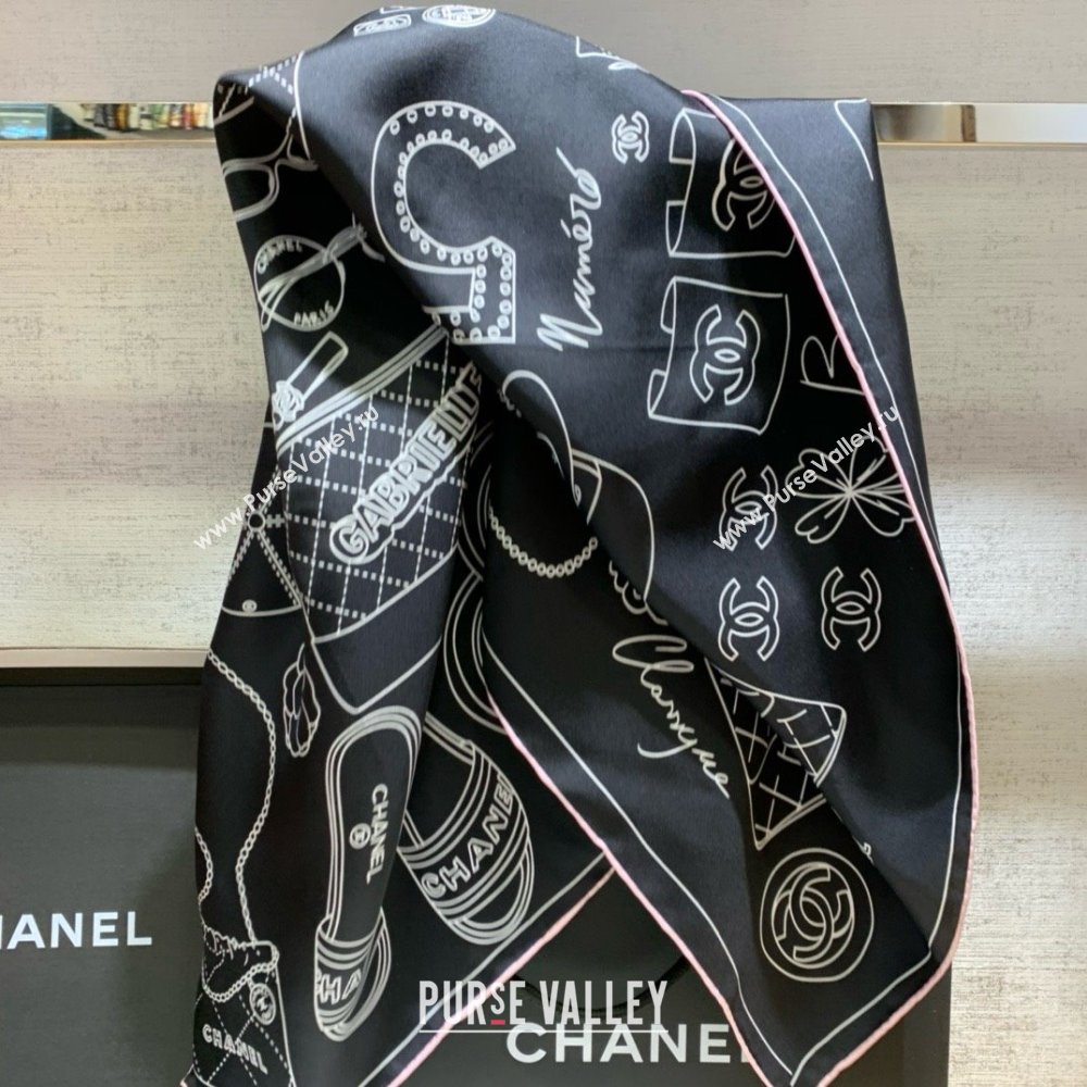 Chanel Silk Twill Black Light Pink square scarf AA9820 2024 (weinisi-240426-03)