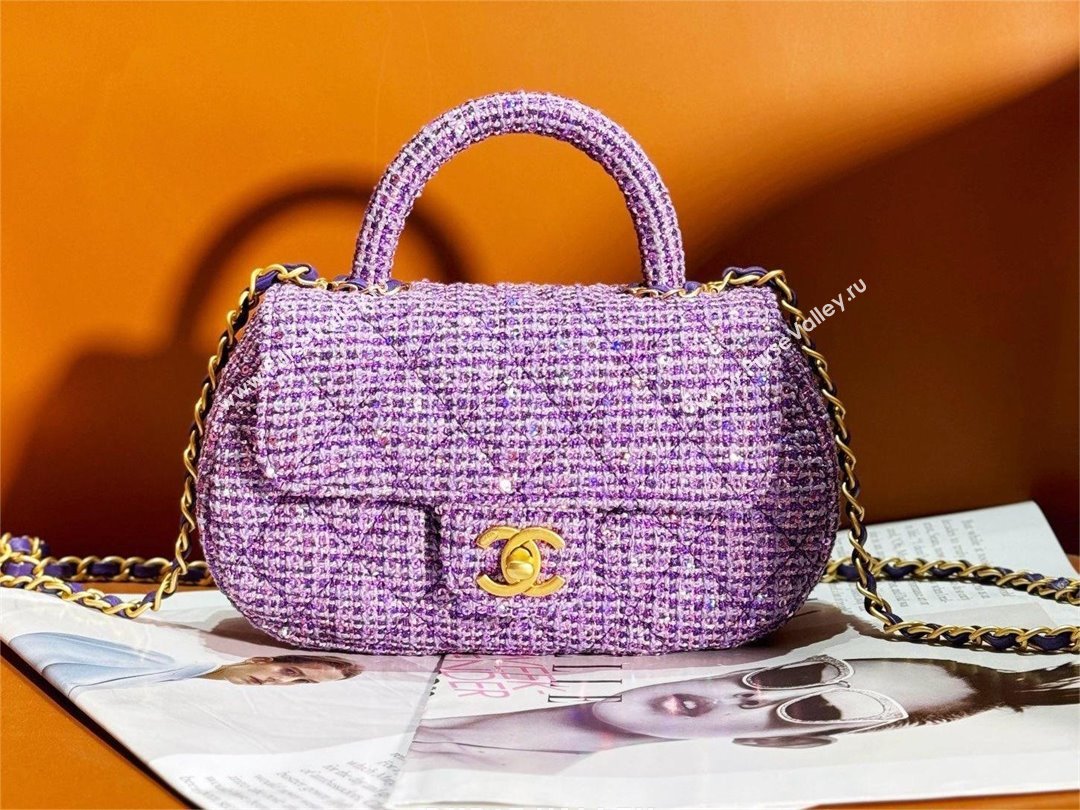 chanel Tweed Sequins Gold-Tone Metal Purple Silver Small Bag with Top Handle AS4573 2024 (jiyuan-240103-03)