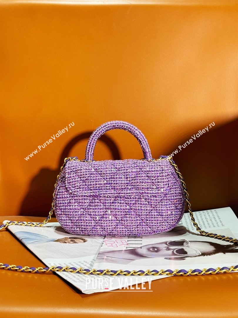 chanel Tweed Sequins Gold-Tone Metal Purple Silver Small Bag with Top Handle AS4573 2024 (jiyuan-240103-03)