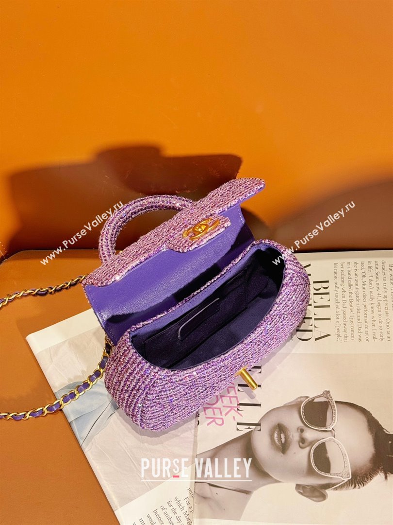 chanel Tweed Sequins Gold-Tone Metal Purple Silver Small Bag with Top Handle AS4573 2024 (jiyuan-240103-03)