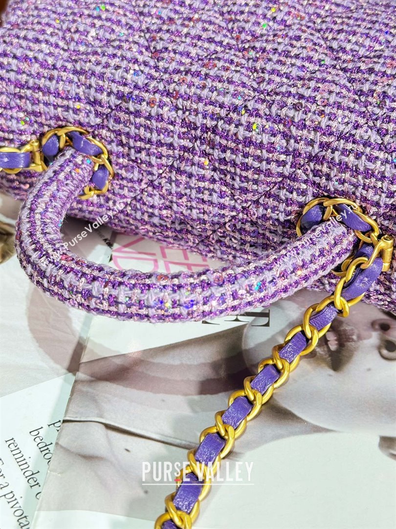 chanel Tweed Sequins Gold-Tone Metal Purple Silver Small Bag with Top Handle AS4573 2024 (jiyuan-240103-03)