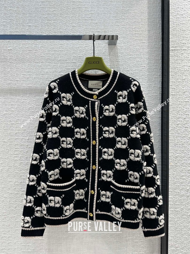 gucci GG wool bouclé jacquard cardigan black/ivory 713300 2023 (QIQI-231121-13)