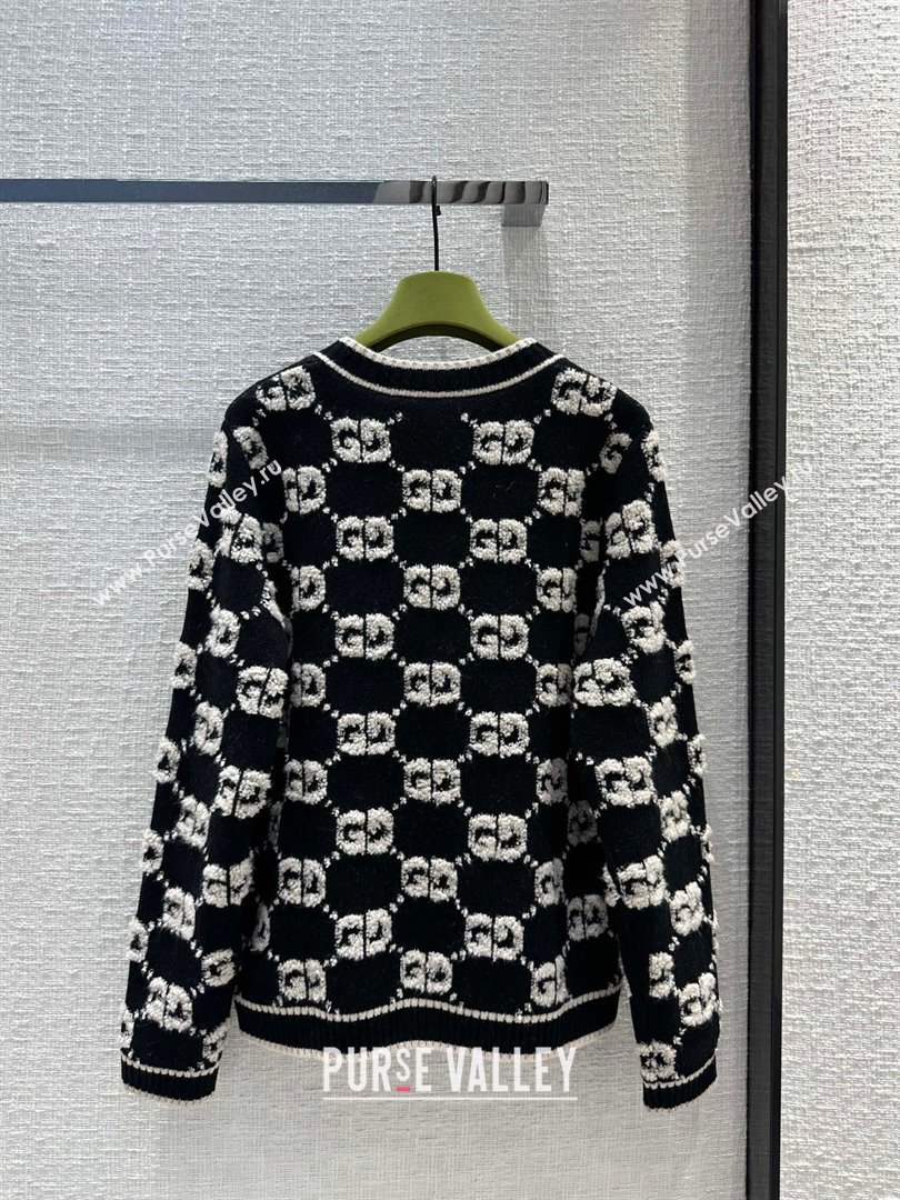 gucci GG wool bouclé jacquard cardigan black/ivory 713300 2023 (QIQI-231121-13)