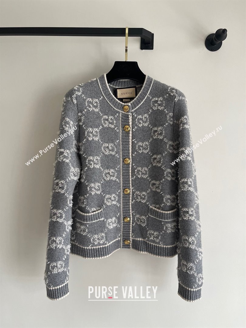 gucci GG wool bouclé jacquard cardigan grey and ivory 713300 2023 (QIQI-231121-17)