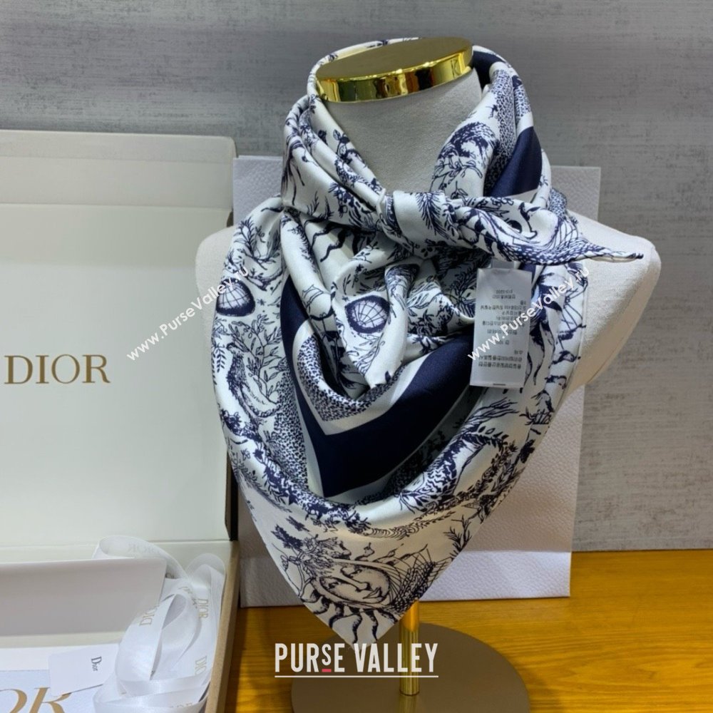 Dior Toile de Jouy Soleil 90 Square Scarf WHITE AND NAVY BLUE 2024 (WEINISI-240427-05)