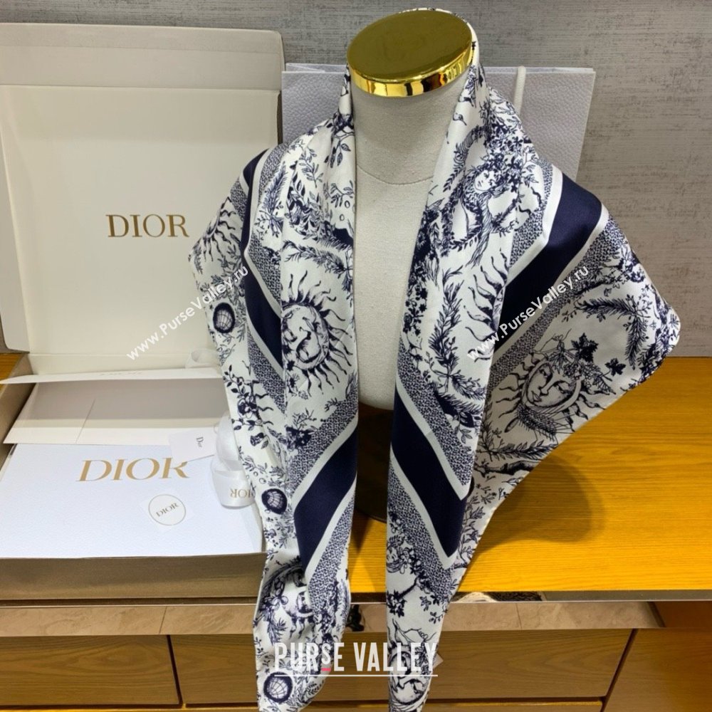 Dior Toile de Jouy Soleil 90 Square Scarf WHITE AND NAVY BLUE 2024 (WEINISI-240427-05)